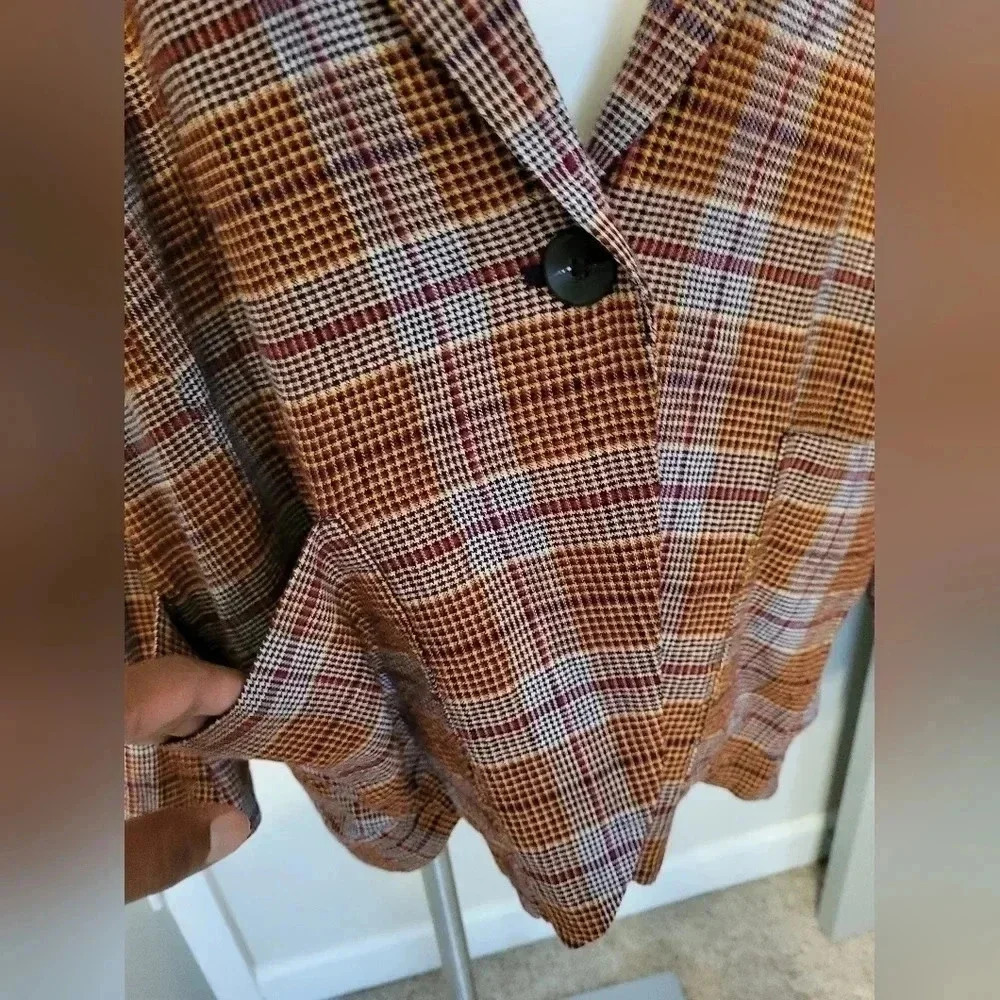 Free People Simply Plaid Linen Blend Oversized One Button Slouchy Blazer(S) - Picture 9 of 12